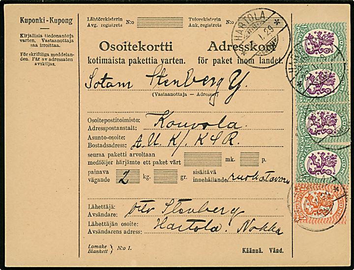 1 mk. og 1½ mk. (4) Løve på adressekort for pakke fra Hartola d. 23.1.1929 til soldat ved A.U.K. / K.S.R. i Kouvola. På bagsiden militart afdelingsstempel: Keski-Suomen Rykmentti * Esikunta *