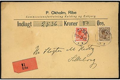 10 øre og 25 øre Chr. X på værdibrev fra Ribe d. 20.4.1917 til Silkeborg.