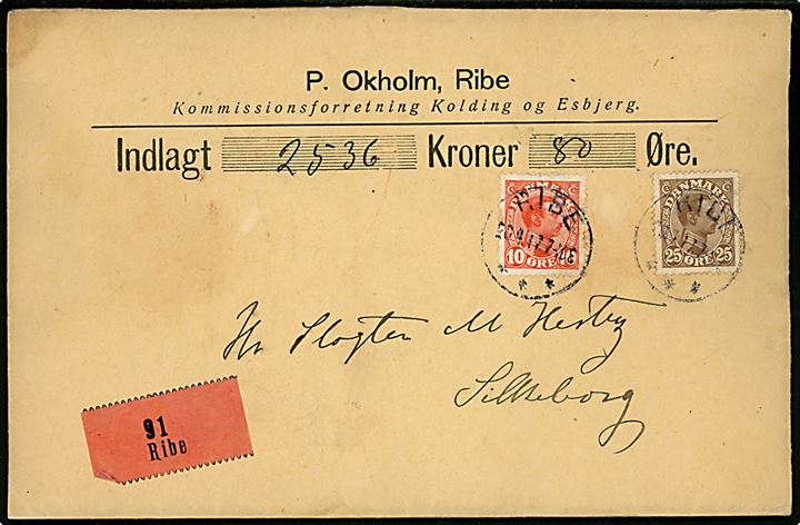 10 øre og 25 øre Chr. X på værdibrev fra Ribe d. 20.4.1917 til Silkeborg.