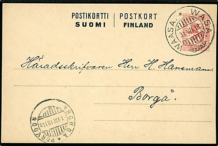 20 pen. Løve helsagsbrevkort fra Wasa d. 31.7.1918 til Borgå.