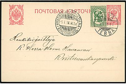 10 pen. Våben helsagsbrevkort opfrankeret med 5 pen. Løve annulleret med 2-sproget stempel i Teuva d. 4.1.1918 til Kristinestad.