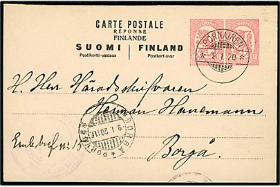 10+10 pen. Løve provisorisk helsagsbrevkort annulleret med udslebet stempel i Pornainen d. 8.1.1920 til Borgå.