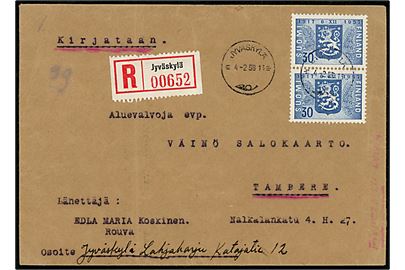 30 mk. Selvstændighed 40 år i parstykke på anbefalet brev fra Jyväskylä d. 4.2.1958 til Tampere.