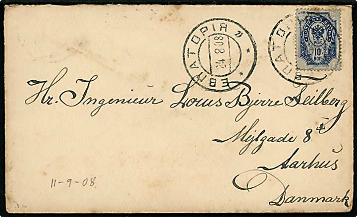 10 kop. Våben på brev annulleret Eupatoria d. 24.8.1908 til Aarhus, Danmark. Sendt fra sømand ombord på S/S Nordkap i Eupatoria på Krim, Rusland.