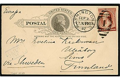 1 cent helsagsbrevkort opfrankeret med 2 cents Washington (3-sider takket) fra Washington DC d. 9.9.1887 til Simo pr. Uleåborg, Finland.