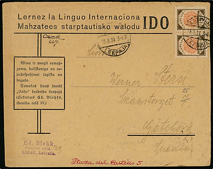 5 Rub. Soltegning i parstykke på brev fra Leepaja d. 19.8.1921 til Göteborg, Sverige.