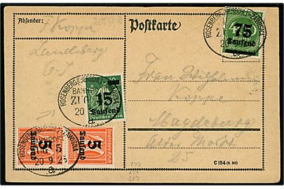 5.000 mk./40 pfg. (par), 15.000/40 mk. og 75.000/400 mk. Infla provisorium på 100.000 mk. frankeret brevkort annulleret med bureaustempel Rosenberg (Oberschl.) - Zawisna Bahnpost Zug 5 d. 20.9.1923 til Magdeburg.