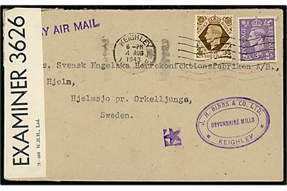 3d og 1 sh. George VI på luftpostbrev fra Keighley d. 4.8.1943 til Hjemsjö pr. Orkelljunga, Sverige. Åbnet af britisk censur PC90/3626.