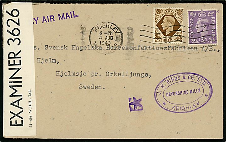 3d og 1 sh. George VI på luftpostbrev fra Keighley d. 4.8.1943 til Hjemsjö pr. Orkelljunga, Sverige. Åbnet af britisk censur PC90/3626.