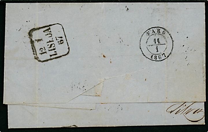 25 reis Ludvig 1 utakket på brev annulleret med nr.stempel 216 og sidestemplet med liniestempel SILVES via Faro d. 11.1.1867 til Lissabon. Fuldt indhold, men fold i mærke.