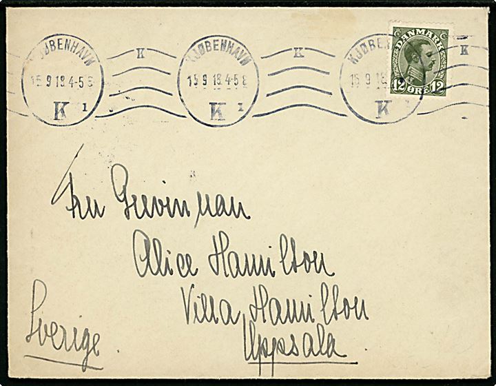 12 øre Chr. X single på brev fra Kjøbenhavn d. 15.9.1918 til grevinde Hamilton i Uppsala, Sverige.