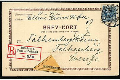 20 øre Fr. VIII single på anbefalet brevkort med postopkrævning fra Pressens Illustrations Bureau i Kjøbenhavn d. 30.4.1912 til Falkenberg, Sverige. Nålehuller.