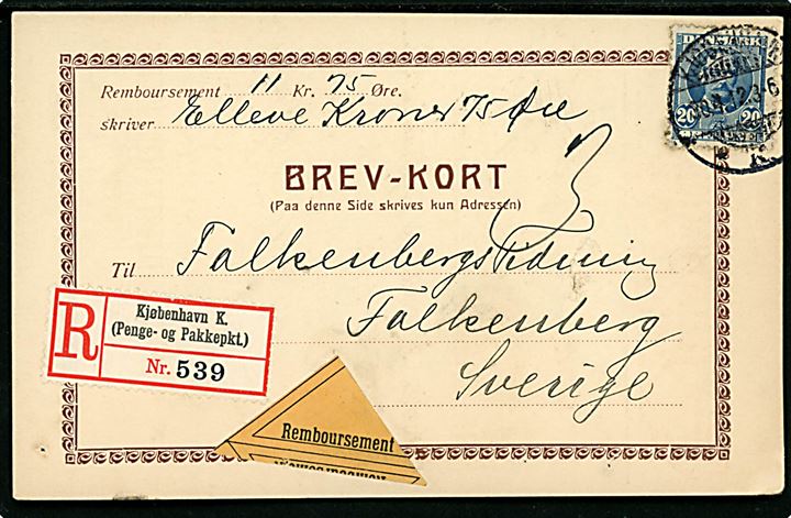 20 øre Fr. VIII single på anbefalet brevkort med postopkrævning fra Pressens Illustrations Bureau i Kjøbenhavn d. 30.4.1912 til Falkenberg, Sverige. Nålehuller.