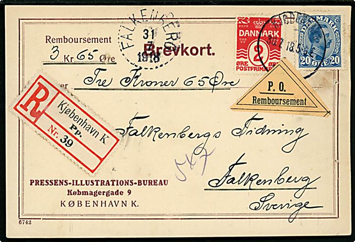 2 øre Bølgelinie og 20 øre Chr. X på 22 øre frankeret anbefalet brevkort med postopkrævning fra Pressens Illustrations Bureau i Kjøbenhavn d. 30.7.1918 til Falkenberg, Sverige. Nålehuller.