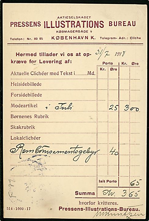 2 øre Bølgelinie og 20 øre Chr. X på 22 øre frankeret anbefalet brevkort med postopkrævning fra Pressens Illustrations Bureau i Kjøbenhavn d. 30.7.1918 til Falkenberg, Sverige. Nålehuller.