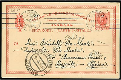 10 øre Fr. VIII helsagsbrevkort fra Kjøbenhavn d. 1.7.1912 til Beirut, Syrien. Ank.stemplet ved det østrigske postkontor: Beirut Oesterr. Post d. 10.7.1912.