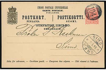 10 pen. Våben helsagsbrevkort dateret i Saikko og annulleret med nr.stempel 104 og sidestemplet med 2-sproget stempel i Simo d. 19.1.1895 til Simo.