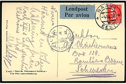 15 s. Päts single på luftpost brevkort fra Narva d. 4.9.1937 via Stockholm til Ramlösa Brunn, Sverige. Særlig nedsat takst til Sverige og Finland 1937-1940.