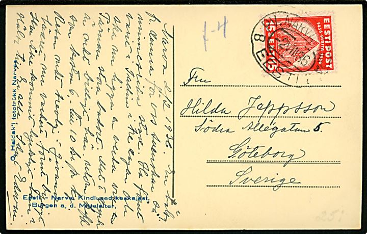 15 s. St. Birgitte kloster single på brevkort fra Narva annulleret med ovalt bureaustempel PV. Narva - Tapa d. 2.8.1936 til Göteborg, Sverige.