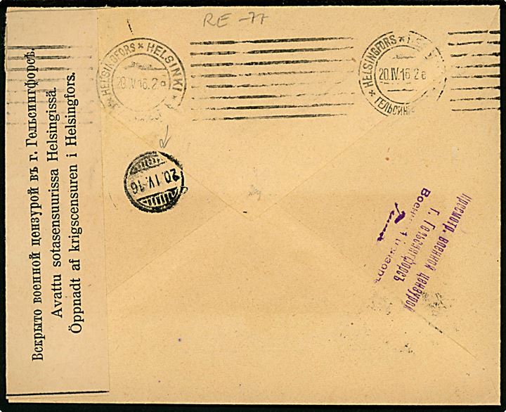 5 pen. og 10 pen. (2) Våben på brev annulleret med 3-sproget stempel i Torneå d. 18.4.1916 til Helsingfors. Åbnet af russisk censur i Helsingfors.