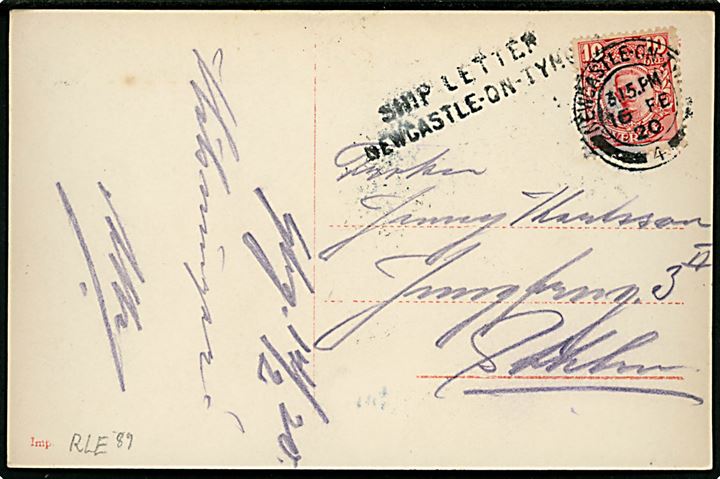 10 öre Gustaf på brevkort (Trollhättan) annulleret med britisk stempel i Newcastle-on-Tyne d. 16.2.1920 og sidestemplet Ship Letter Newcastle-on-Tyne til Stockholm, Sverige.