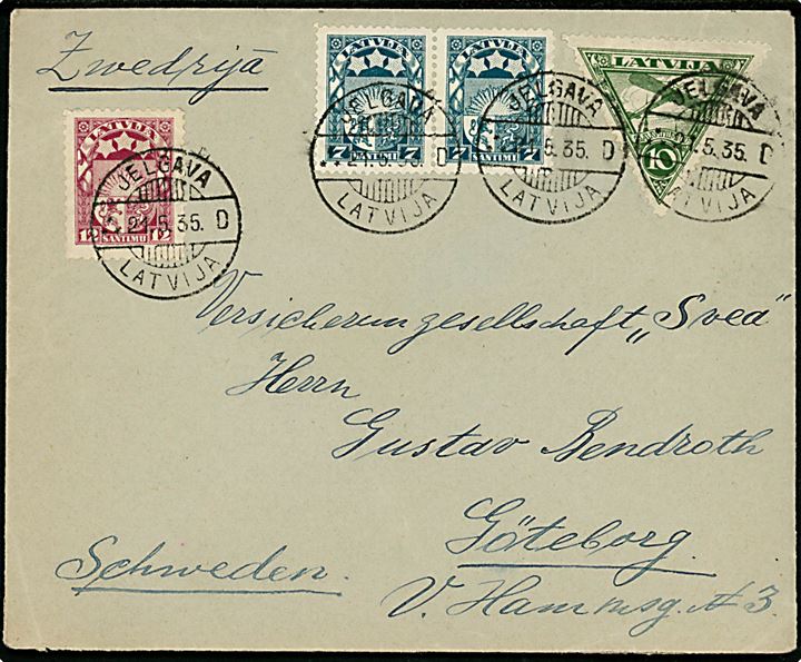 7 s. (par), 12 s. Soldesign og 10 s. 3-kantet Luftpost på brev fra Jelgava d. 21.5.1935 til Göteborg, Sverige.