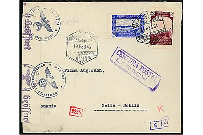 75 cts. og 2 pts. Luftpost på luftpostbrev fra Larache d. 19.2.1942 til Zella, Tyskland. Lokal spansk censur fra Larache og åbnet af tysk censur i Wien. 