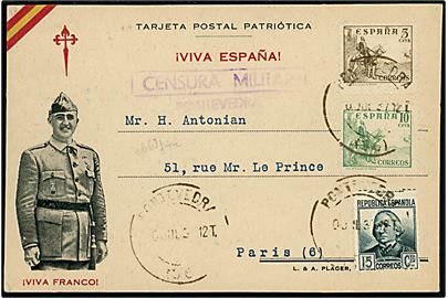 5 cts., 10 cts. Rytter og 15 cts. Arenal på illustreret Franco brevkort fra Ponteverda d. 10.7.1937 til Paris, Frankrig. Lokal spansk censur fra Ponteverda.
