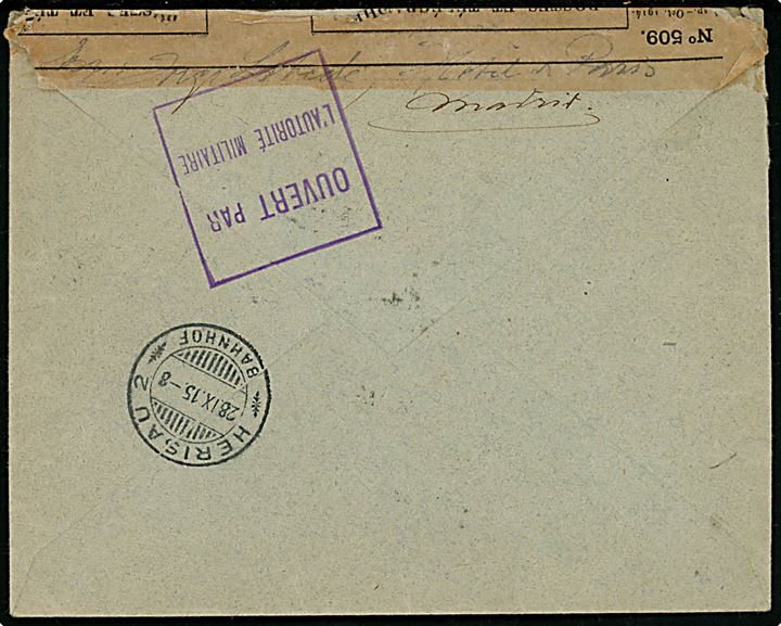 15 cts. og 50 cts. Alfonso XIII på anbefalet brev fra Madrid d. 23.9.1915 til Herisau, Schweiz. Åbnet af fransk censur.