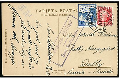 30 cts. og 10 cts. Velgørenhed på brevkort fra San Sebastian d. 18.12.1936 til Dalby, Sverige. Lokal spansk censur fra San Sebastian.