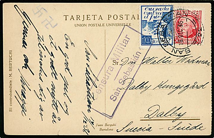 30 cts. og 10 cts. Velgørenhed på brevkort fra San Sebastian d. 18.12.1936 til Dalby, Sverige. Lokal spansk censur fra San Sebastian.