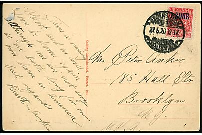 10 øre 1. Zone udg. på brevkort (Kolding, udsigt fra Tivoli) fra Hadersleben d. 27.5.1920 til Brooklyn, USA. Usædvanlig destination.