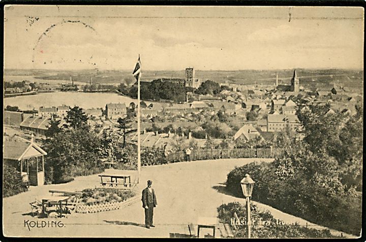 10 øre 1. Zone udg. på brevkort (Kolding, udsigt fra Tivoli) fra Hadersleben d. 27.5.1920 til Brooklyn, USA. Usædvanlig destination.
