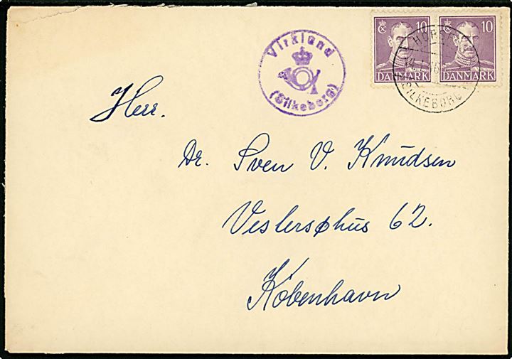 10 øre Chr. X i parstykke på brev annulleret med bureaustempel Horsens - Silkeborg T.59 (?) d. 14.1.1946 og sidestemplet med posthornstempel Virklund (Silkeborg) til København