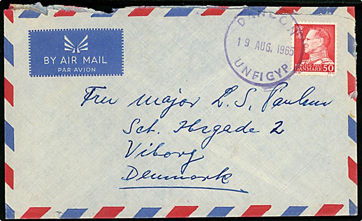 50 øre Fr. IX på luftpostbrev annulleret DANCON UNFICYP d. 19.8.1965 til Viborg, Danmark. Sendt fra Major Poulsen, chef for C-Coy, Dancon III på Cypern.