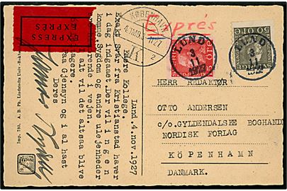 50 öre og 15 öre Gustaf på ekspres brevkort fra Lund d. 3.11.1927 til København, Danmark.