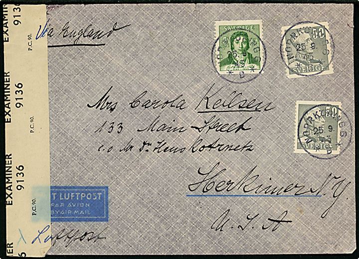 5 öre Scheele og 50 öre Gustaf (2) på luftpostbrev påskrevet Via England fra Norrköping d. 25.9.1943 til Herkimer, New York, USA. Åbnet af britisk censur PC90/9136.