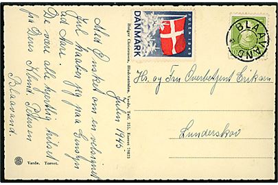 15 øre Chr. X på julekort 1945 annulleret med udslebet stjernestempel BLAAVAND til Lunderskov.