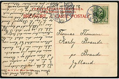 5 øre Fr. VIII på brevkort annulleret med stjernestempel SANDBY og sidestemplet bureau Nykjøbing S. - Holbæk T.8 d. 18.10.1907 til Brande.