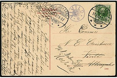 5 øre Fr. VIII på brevkort fra Holstebro d. 17.2.1908 til Vivild pr. Allingaabro - eftersendt med stjernestempel VIVILD og sidestemplet Allingaabro d. 18.2.1908 til Holbæk.
