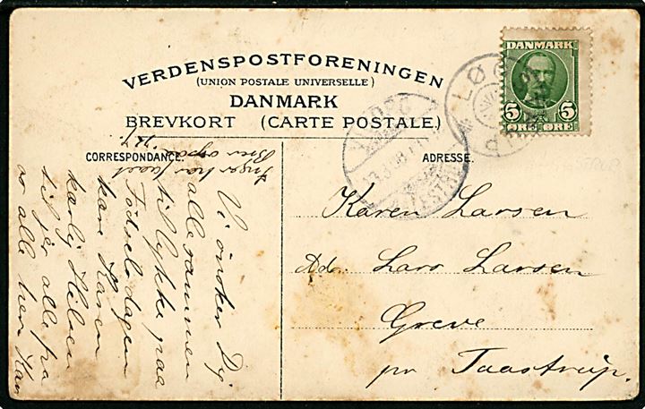 5 øre Fr. VIII på brevkort (Gadeparti fra Løgstrup) annulleret med stjernestempel LØGSTRUP og sidestemplet bureau Viborg - Aalestrup T.11?8 d. 13.3.1908 til Greve pr. Taastrup.