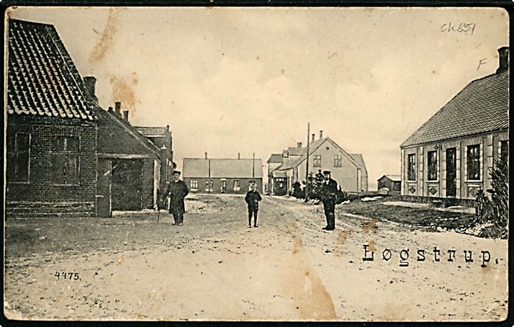 5 øre Fr. VIII på brevkort (Gadeparti fra Løgstrup) annulleret med stjernestempel LØGSTRUP og sidestemplet bureau Viborg - Aalestrup T.11?8 d. 13.3.1908 til Greve pr. Taastrup.