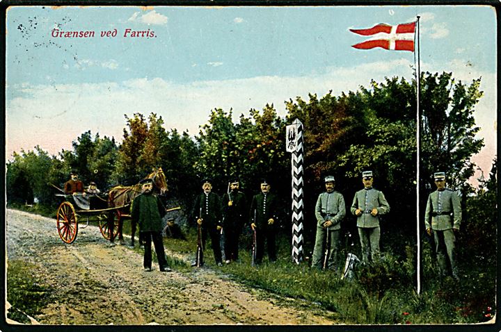 5 øre Bølgelinie på brevkort (Grænsen ved Farris med grænsevagter) annulleret med stjernestempel RAVNHOLT og sidestemplet Lunderskov d. 18.5.1914 til Borris.