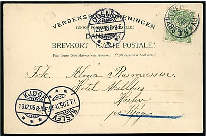 5 øre Våben på brevkort annulleret med stjernestempel NÆSBYHOVEDBROBY og sidestemplet Odense d. 12.12.1905 til Haslev.
