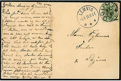 5 øre Chr. X på brevkort (Parti fra Gudum) annulleret med stjernestempel GUDUM og sidestemplet brotype IIIb Lemvig d. 6.4.1916 til Faster pr. Skjern.