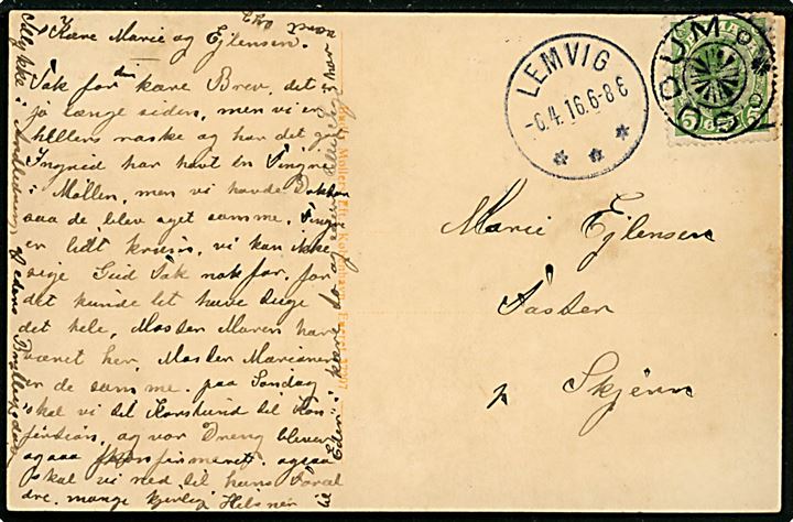 5 øre Chr. X på brevkort (Parti fra Gudum) annulleret med stjernestempel GUDUM og sidestemplet brotype IIIb Lemvig d. 6.4.1916 til Faster pr. Skjern.