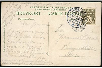 3 øre Bølgelinie på lokalt brevkort annulleret med stjernestempel SIMMERBØLLE og sidestemplet Rudkjøbing d. 4.1.1913 til Simmerbølle skole.