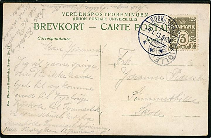 3 øre Bølgelinie på lokalt brevkort annulleret med stjernestempel SIMMERBØLLE og sidestemplet Rudkjøbing d. 4.1.1913 til Simmerbølle skole.