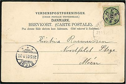 5 øre Våben på brevkort (Klitparti i Søndervig) annulleret med stjernestempel HEE og sidestemplet med svagt bureaustempel Fredericia - Struer til Stege på Møn. Ank.stemplet i Stege d. 29.5.1905.