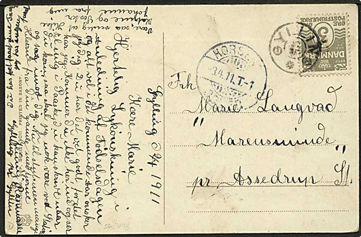 3 øre Bølgelinie på lokalt brevkort annulleret med stjernestempel GYLLING og sidestemplet Horsens - Odder T.1 d. 3.4.1911 til Marensminde pr. Assedrup St.